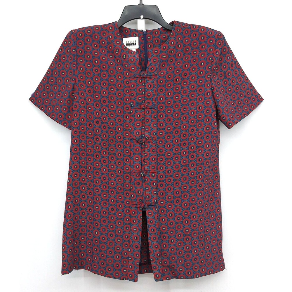 Leslie Fay Blouse Womens Size 10 Red Blue Short Sleeve Button Front Zip Back Top